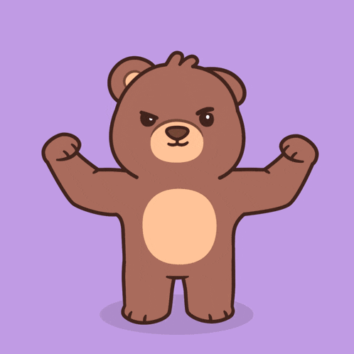 a brown teddy bear flexes his muscles on a purple background
