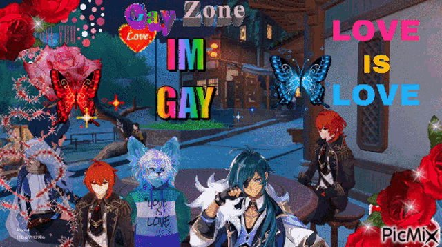 a collage of anime characters with the words gay zone im gay