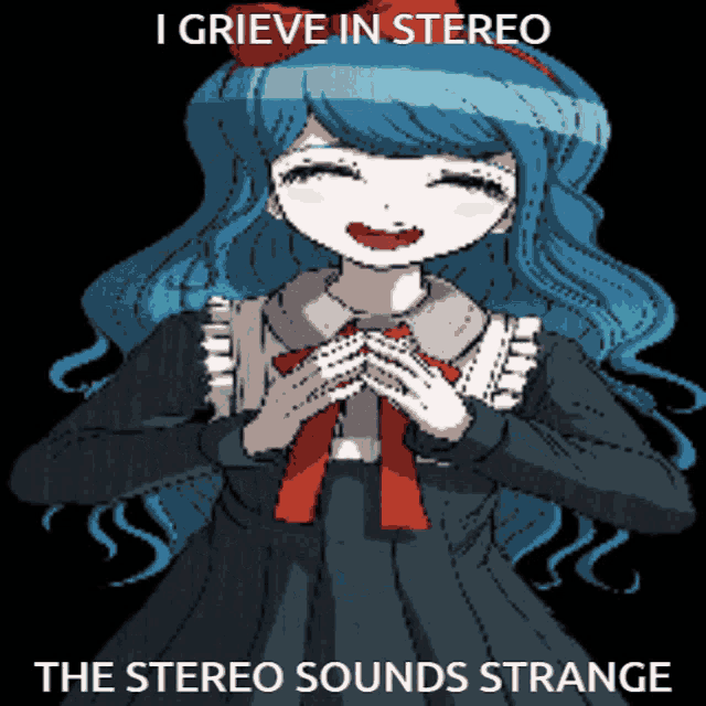 a picture of a girl with blue hair and the words i grieve in stereo
