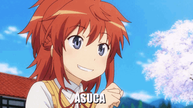 a girl with red hair is smiling and has the name asuca on her chest