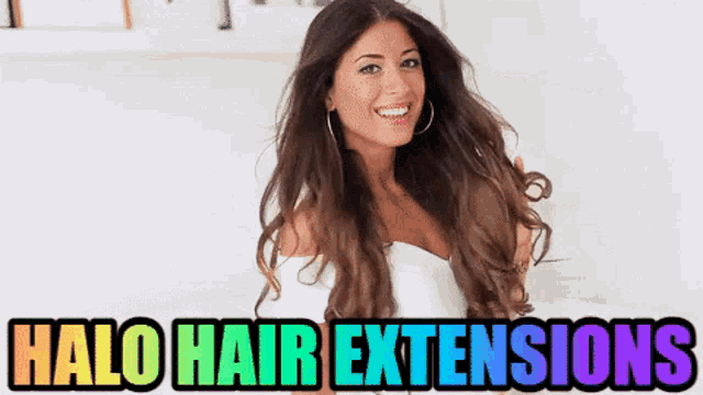 a woman with long hair and the words halo hair extensions