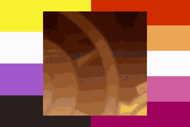 a picture of a person 's face is surrounded by a rainbow of colored squares .