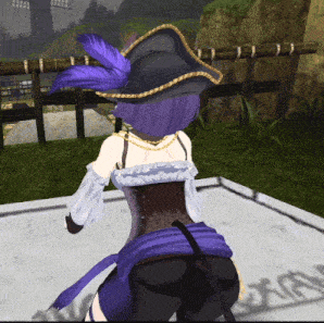 a girl with purple hair and a pirate hat