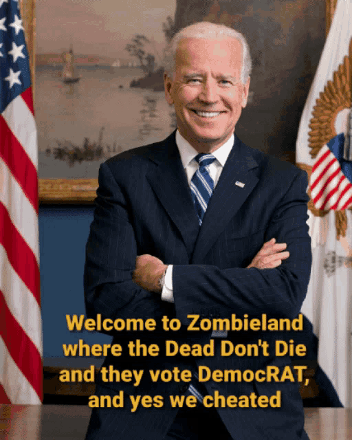 a man in a suit and tie stands in front of an american flag with the words welcome to zombieland