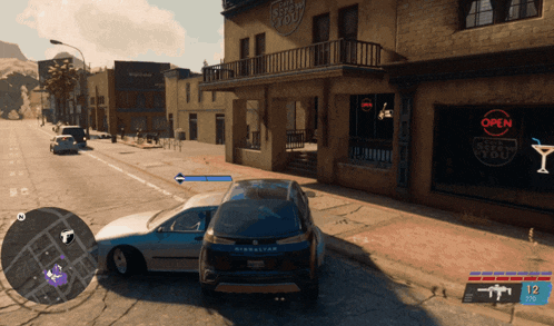 a video game is being played on a street with a sign that says open