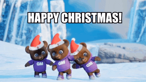 three teddy bears wearing santa hats and sweaters that say gm on them