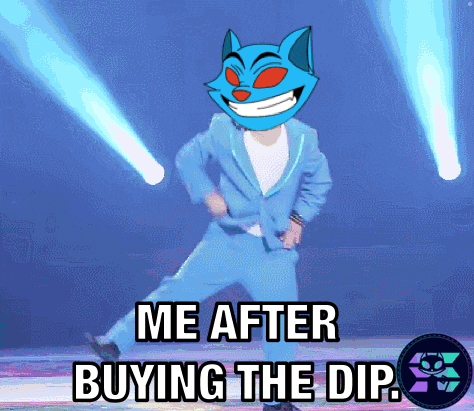 a cartoon cat in a blue suit is dancing with the words me after buying the dip on the bottom