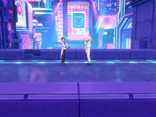 two people are standing on a stage in front of a neon sign that says pokemon