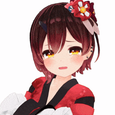 a cartoon girl with red hair and a flower in her hair
