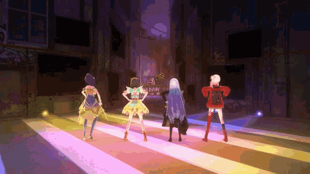 a group of anime girls are dancing on a stage and one of them is wearing a red shirt that says " rage " on it