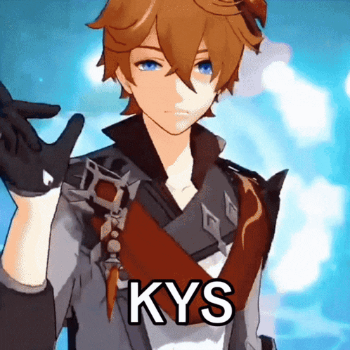 a character from a video game has the word kys on his chest