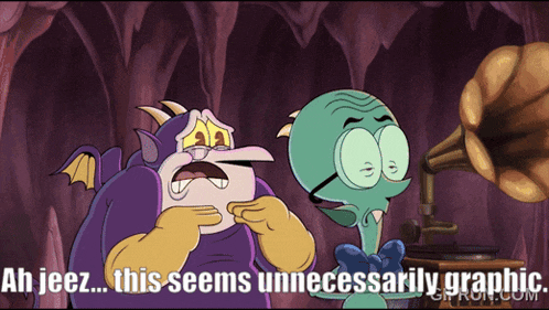 a cartoon character says ah jeez this seems unnecessarily graphic in front of a phonograph