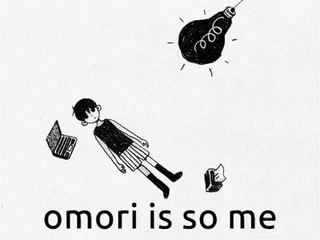 a black and white drawing of a person with the words omori is so me underneath them