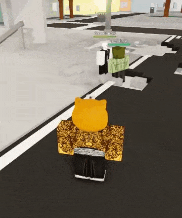 a roblox character is walking down a street with a yellow cat on his head .