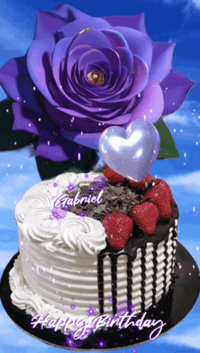 a birthday cake with a purple rose in the background
