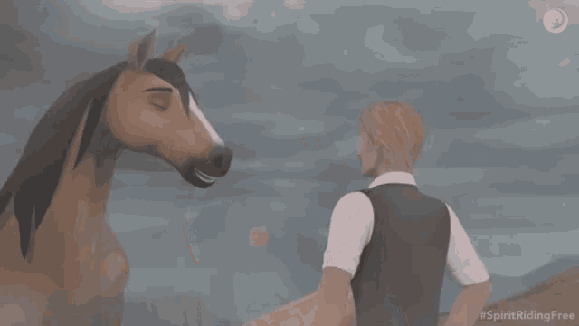 a man stands between two horses with the words good boy written below him