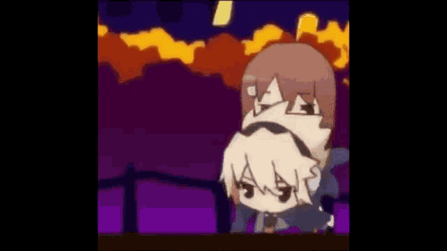 a couple of anime characters are standing next to each other on a purple background .