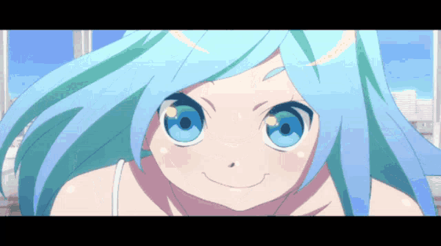 a close up of a girl with blue hair and big blue eyes