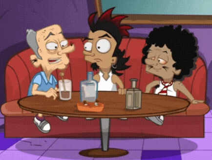 three cartoon characters are sitting around a table with a bottle of tequila