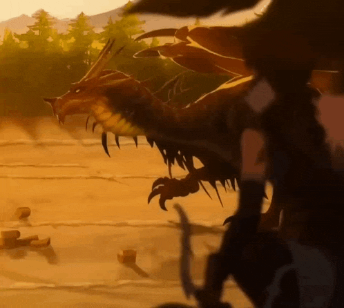 a painting of a dragon flying over a desert