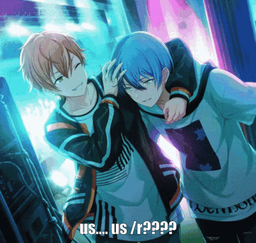 a couple of anime characters standing next to each other with us / r written on the bottom right