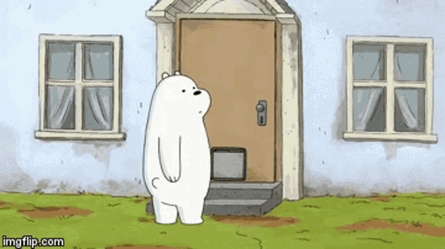 a cartoon ice bear standing in front of a house
