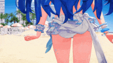 a girl with blue hair is walking on a beach with the word beach visible in the background