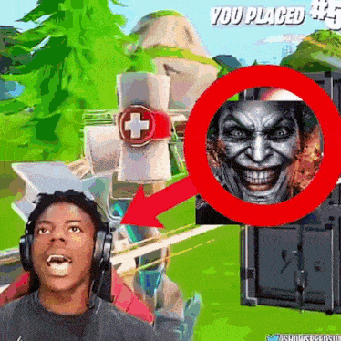 a man wearing headphones is playing a video game and the joker is smiling in the circle