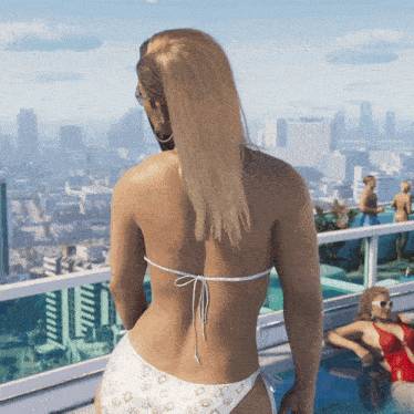 a woman in a white bikini stands on a balcony overlooking a city