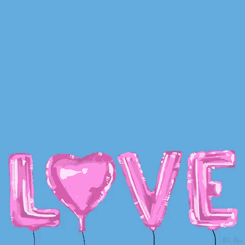 a blue background with pink balloons that say love