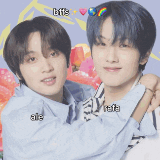 two boys are hugging each other with the words bffs ale and rafa on the bottom