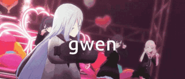 a girl with long white hair is hugging another girl with the word gwen written on the bottom