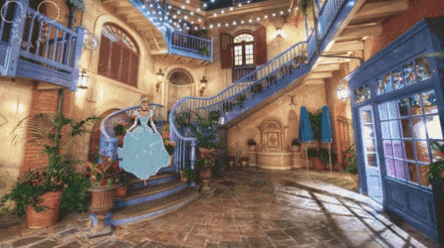 a cartoon of cinderella is flying through the air in front of a building