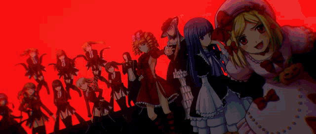a group of anime characters are standing in a line with one holding a bell