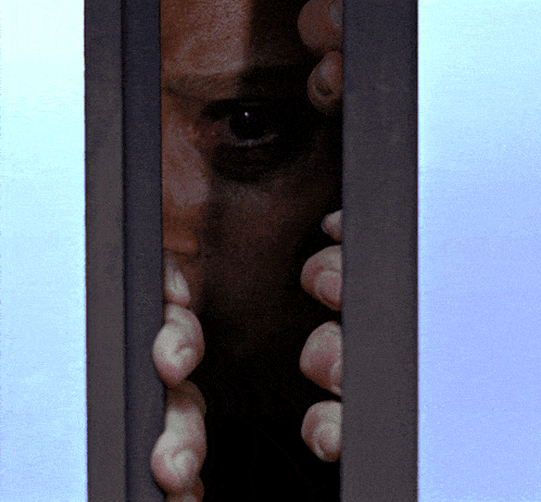 a close up of a man 's face behind a fence