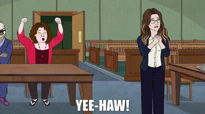 a cartoon of a woman in a courtroom with the words yee-haw written on the screen .