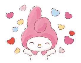 a cartoon of a pink bunny with hearts around it .
