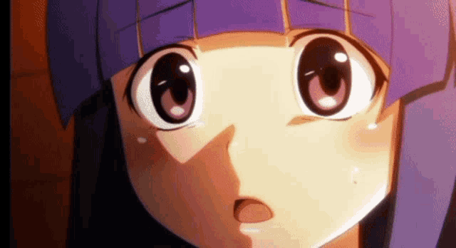 a close up of a anime girl 's face with a surprised look on her face