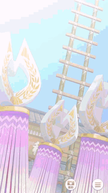 a cartoon drawing of a building with purple and white pillars and a ladder