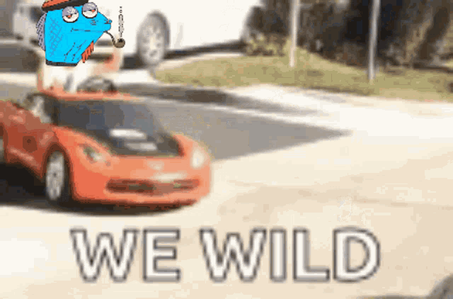 a cartoon character is driving a red sports car with the words we wild on the bottom