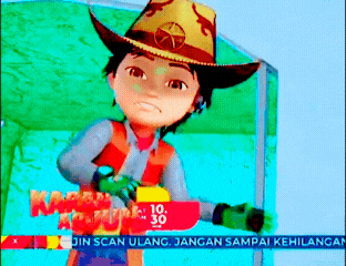 a cartoon of a boy wearing a cowboy hat and holding a sign that says jin scan ulang