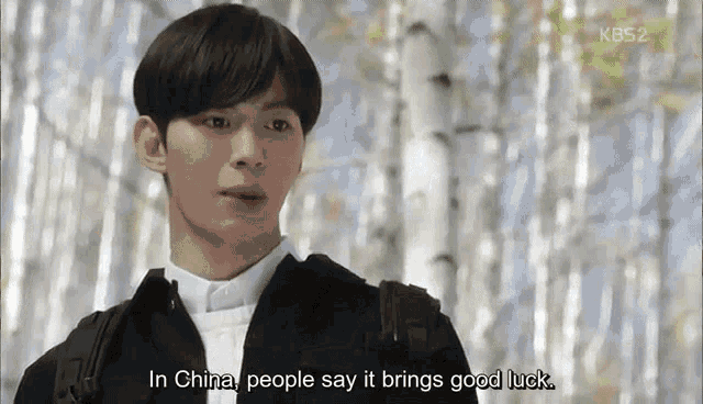 a man with a backpack is standing in front of a tree and says in china people say it brings good luck .