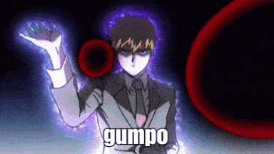 a man in a suit and tie is holding something in his hand and the word gumpo is above him