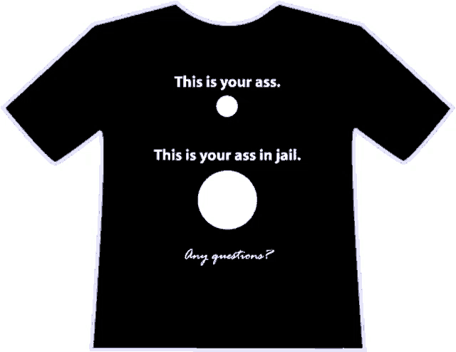a black t-shirt that says this is your ass this is your ass in jail any questions