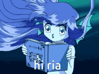 a girl with blue hair is reading a book with the word hi ria written on it