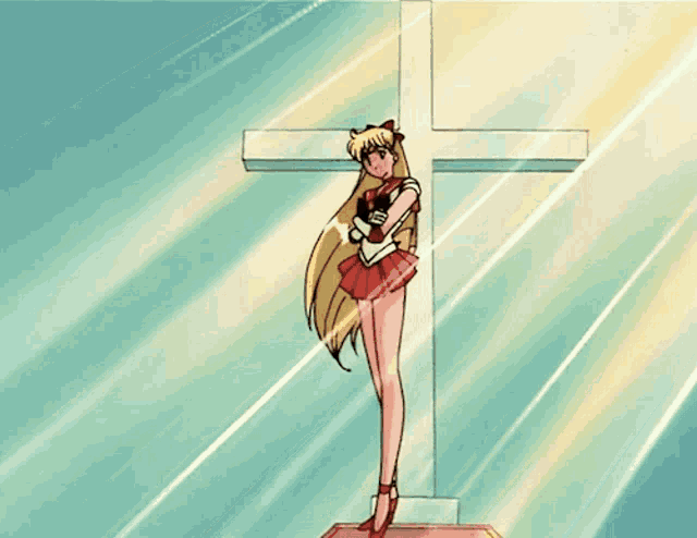 a girl standing in front of a cross with the sun shining through it