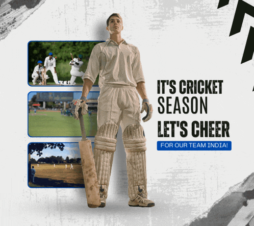 a man holding a bat with the words it 's cricket season let 's cheer for our team india on the bottom
