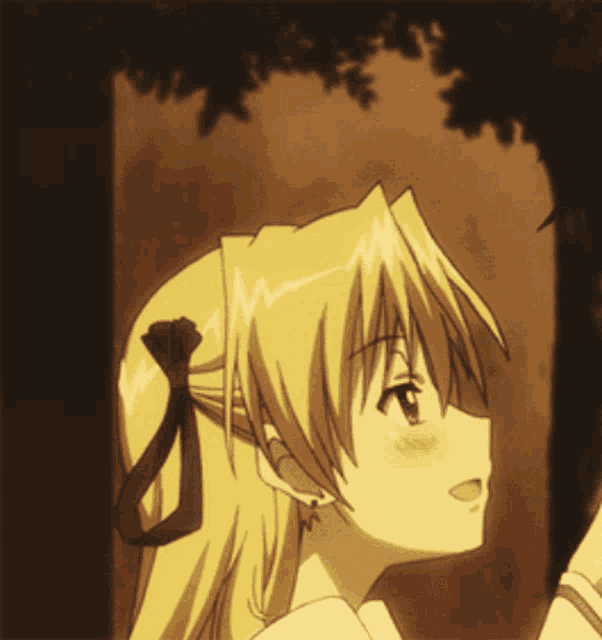 a girl with a bow in her hair is standing in front of trees