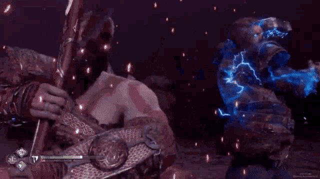 a video game shows a man holding a hammer and lightning coming out of it