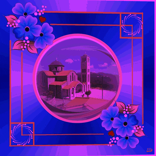 a picture of a church surrounded by purple flowers with the letters jtd at the bottom